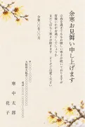 余寒見舞い・雪の残るマンサクの花の日本画風デザインの寒中見舞いテンプレート