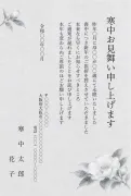 喪中はがきの代わり・白い寒椿の薄墨画の寒中見舞いテンプレート