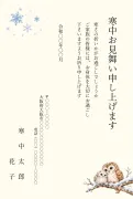 雪の枝のフクロウの親子のかわいいデザインの寒中見舞いテンプレート