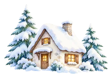 寒中見舞いのイラスト素材：雪の積もった家と木