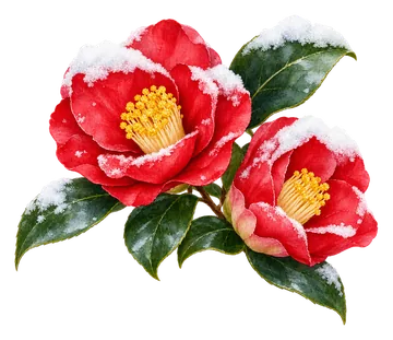 寒中見舞いのイラスト素材：雪をかぶった赤い寒椿